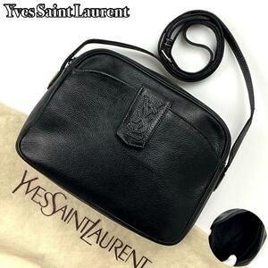 美品■Yves Saint Laurent イヴサンローラン ショルダーバッグ YSL カサンドラ ステッチ ゴールド金具 斜め掛け シボ革 レザー 黒 ブラック