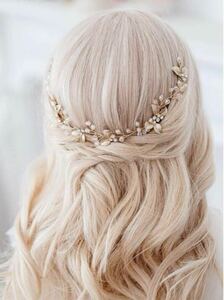 お花リーフピンクゴールド　ヘッドドレス　髪飾り　ブライダルヘアアクセサリー　ブライダルパール　結婚式　パーティ　コーム