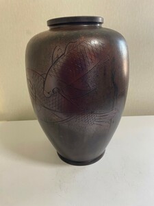 高岡銅器　鯉紋花瓶　花器　吉野竹治　山本秀峰作