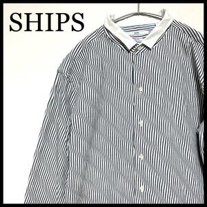 極美品 SHIPS シップス シャツ スリムフィット 長袖 タイニーカラー マルチストライプ ブルー L
