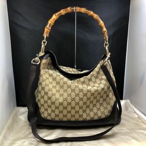 GUCCI グッチ バンブー 2way 肩がけバッグ ハンドバッグ ショルダー付 バッグ GG柄 ブラウン ベージュ キャンバス地 レザー ゴールド金具