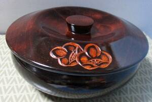 茶道具　木製漆器　蓋付き菓子鉢　径:(約１４㎝XH７㎝）