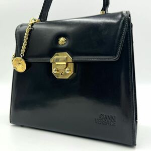 1円〜【希少/美品】GIANNI VERSACE ヴェルサーチ サンバースト ハンドバッグ 自立型 太陽 チェーン ゴールド金具 ブラック 黒 レディース