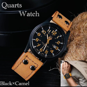 腕時計　ツートン アナログ メンズ クォーツ 時計 高品質 レザー ファッション時計 オシャレ ウォッチ ブラックイエロー　