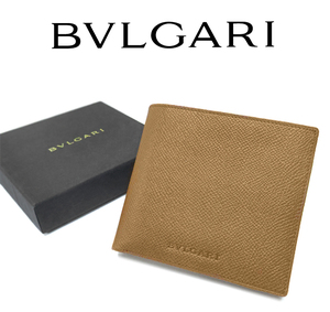 【未使用品 超美品】 ブルガリ BVLGARI 二つ折り財布 小銭入れ有り スリム ミニ レザー 革 キャメル ブラウン メンズ 紳士 レディース 箱付