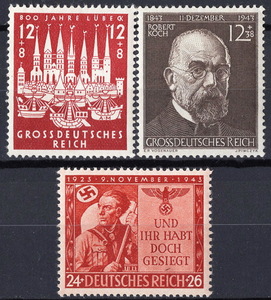 ★1943-44年ドイツ-「ハンザ同盟都市リューベック」+「コッホ生誕100年」+「ヒトラーのミュンヘン一揆20年」各1種完 未使用(NH)★TJ-2415