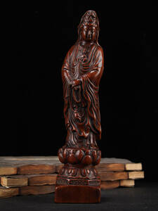 ▽鴻▽ 花梨木製 細密彫 觀音菩薩像 置物 古賞物 中国古玩 中国古美術