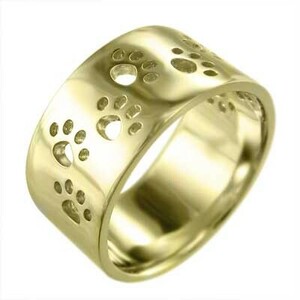 平打ちの 指輪 スタンダード 猫 18金イエローゴールド 約10mm幅 大サイズ 厚さ約1.4mm 肉球足跡抜き