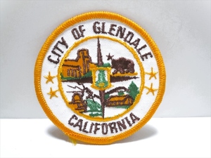 ビンテージ CITY OF GLENDALE ワッペン カリフォルニア州 グレンデール 直径7.5cm 丸い 黄色×白×茶×緑 ファッション小物 アメリカ雑貨