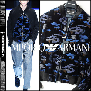 ■新品28万コレクションモデル【EMPORIO ARMANI】シェニール刺繍ブルーカモフラージュジップブルゾンジャケット48伊製エンポリオアルマーニ