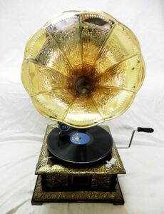 アンティーク調　大型蓄音機 ゴールド真鍮調 レコードプレーヤー 78rpmロココ調大正ロマン洋館に☆クラシックグラモフォン金 高さ68cm