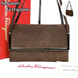 【極美品】 Salvatore Ferragamo サルヴァトーレフェラガモ ショルダーバッグ ポーチ ゴールド金具 裏地総柄 フォーマル スエード 茶色