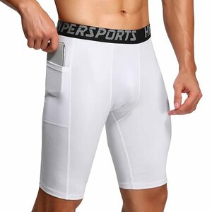 【ホワイト XL】メンズ コンプレッションショーツ ポケット付き スポーツウェア ジムタイツ ランニングショーツ