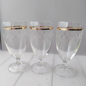 ST8] シャンパングラス　３客　セット　金彩　食器　グラス　ガラス　ゴールド　ワイングラス　酒　昭和レトロ　コップ　