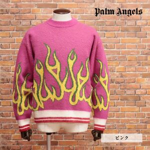 1円/秋冬/Palm Angels/Mサイズ/イタリー製 丸首ニット PMHE043F22KNI00 ファイヤー柄 セーター 新品/ピンク/ib404/