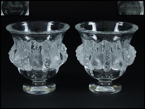 【奇】西洋美術 フランス LALIQUE ルネ・ラリック / クリスタル ガラス Dampierre ダンピエール 花瓶 フラワーベース 一対 美術品