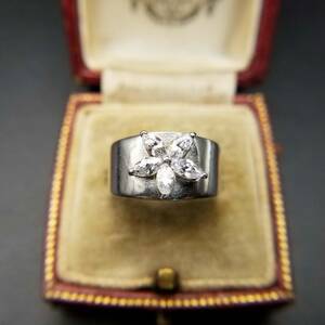キュービックジルコニア 花 クラスター 925 シルバー 英国 アールデコ ヴィンテージ リング 銀 指輪