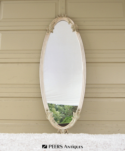 5759h3【大型 彫刻 ホワイト ペイント ウォールミラー 壁掛 姿見 鏡】 ロココ様式 楕円 オーバル アラベスク ヴィンテージ アンティーク◎