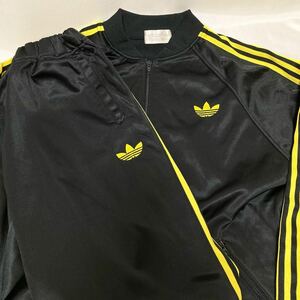 80s デサント vintage adidas ビンテージ アディダス ジャージ トラックジャケット パンツ セットアップ ロゴ トレフォイル 黒 黄 M