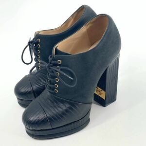 美品 CHANEL シャネル パンプス 靴 ヒール レザーxスエード ココマーク 金具 ブラック D G30128 レディース 35