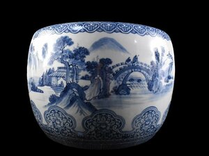 【雲】某資産家買取品 伊万里 染付楼閣山水絵付鉢 直径44cm 高さ32cm 古美術品(金魚めだか火鉢)BA9634 CTDkjh