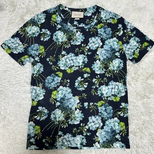 希少品◆美品◆現行品 グッチ GUCCI 半袖Tシャツ ブルームス フローラ 花柄 トップス プルオーバー メンズ レディース 青 M リネン100% 麻