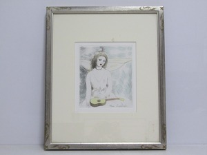 aa05-8126[SAN]【真作】マリー・ローランサン 銅版画「マンドリンを持つ少女」 鉛筆サイン 額装 カラー エッチング