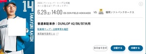 北海道日本ハムファイターズ　6/29エスコンフィールド駐車券　DUNLOP A2/B6/B7共用