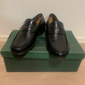 GUCCI オールドグッチ 革靴 38 1/2 D インターロッキングG 金具 レディース ブラック レザー ローファー ビジネスシューズ 24cm位