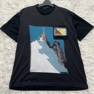 希少デザイン 極美品 PRADA プラダ Ｔシャツ ワッペン プリント ロゴ 半袖 Lサイズ 切り替え 黒 ブラック パイピング ブルー 水色