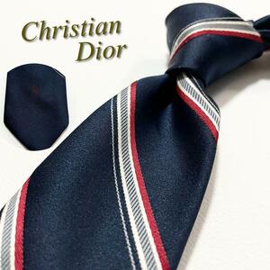 【美品】Christian Dior クリスチャン ディオール ネクタイ ストライプ柄 剣先ブランドロゴ ナロータイ メンズ スーツ トロッター 高級