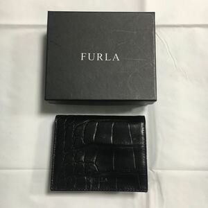 新品未使用 イタリア製 FURLA フルラ 2つ折り 財布 クロコ調 レザー ブラック 箱付き