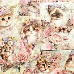 コラージュペーパー　ネコと花A　10種20枚　10ｘ14ｃｍ　猫の紙素材