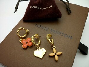 1000円スタート ピアス３点 LOUIS VUITTON ルイ・ヴィトン ブークルドレイユ スイート モノグラム フラワー/ハート ゴールド 箱付 3 B726