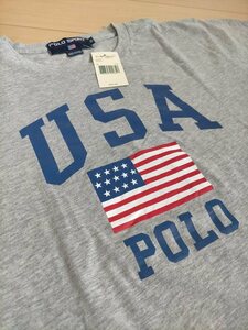 新品 デッドストック 90s USA製 ビンテージ POLO SPORT ラルフローレン ポロスポーツ USA星条旗 Tシャツ L グレー