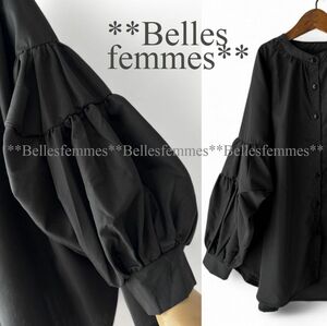 ★新品★*送料185円★*トレンド感のボリューム袖*バンドカラー*ポワン袖チュニックブラウス*★Belles*611ブラック*M～L*ジレのインナにー.