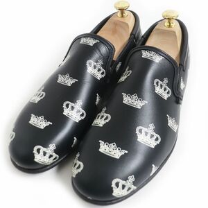 未使用品□DOLCE＆GABBANA/ドルチェ＆ガッバーナ クラウン 総柄 レザー スリッポン/ローファー/モカシン ブラック 7 イタリア製 メンズ