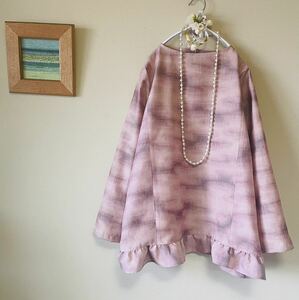 ★handmade着物リメイク：くすみピンク正絹紬からフリル裾トップス：M~LL★