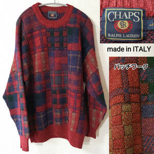 希少 イタリア製 90s CHAPS チャップス ラルフローレン パッチワーク 総柄 ウール セーター patchwork made in ITALY クルーネック メンズL