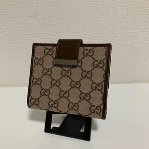 未使用品　美品　GUCCI グッチ GGキャンバス 二つ折り財布 ブラウン ダブルホック