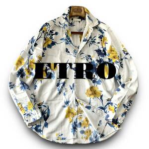 A01 美品 アートフラワーデザイン！定価5万 Lサイズ『エトロ ETRO』イタリアンコットン 長袖 シャツ まるで絵画のような花柄 ホワイト