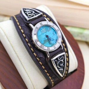 《希少》SAAD 腕時計 ターコイズ ブルー 本革ベルト QZ ユニセックス d
