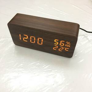 【1円オークション】 Electime デジタル目覚まし時計 木製置き時計 LED時間表示3目覚まし時計設定 USB給電 温度検出 TS01B001603