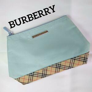 1円～【高級】BURBERRY バーバリー ポーチ ノバチェック 90s オールド ライトブルー 水色 小物入れ ケース