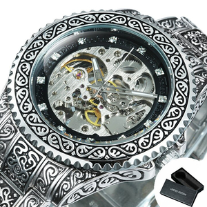 【シルバー×ブラック】メンズ高品質腕時計 海外人気ブランド T-WINNER スケルトン 機械式 ヴィンテージ 王室ファッション クリスタル