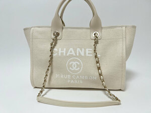 CHANEL シャネル ドーヴィル トートバッグ チェーンショルダーバッグ 2WAY キャンバス ホワイト ゴールド金具 ポーチ ランダムプレート