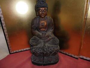 AKa4878◆隼◆大明宣徳年製　木彫　仏像　釈迦如来像　仏教美術　高さ　約４８ｃｍ　古玩旧家蔵出骨董初だし