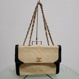 CHANEL シャネル バイカラー マトラッセ Wチェーンハンドバッグ チェーンバッグ ベージュ ブラック 肩掛け 正規品 高級