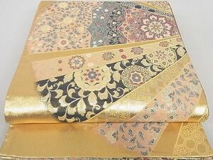 平和屋2■六通柄袋帯　黄純　正倉院花文　金銀糸　逸品　DAAB8258ps