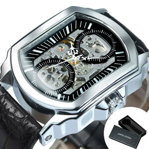 【ブラック】メンズ高品質腕時計 海外人気ブランド T-WINNER 男性用 クラシック 機械式時計 ブルー針 スケルトン ラグジュアリー レザー